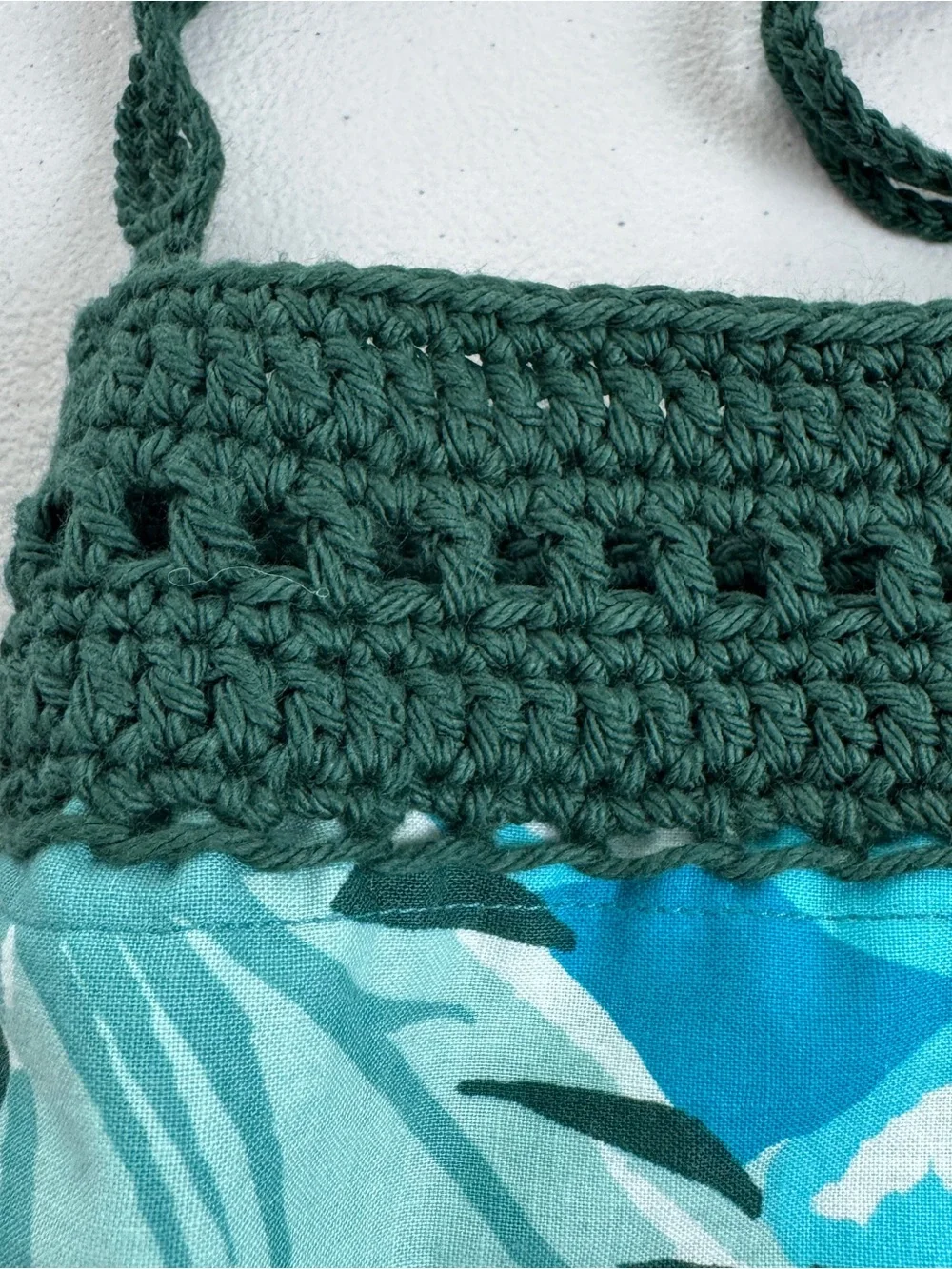 Handmade Crochet Fabric Shoulder Bag Boho Tropical Leaf Print Dark Green